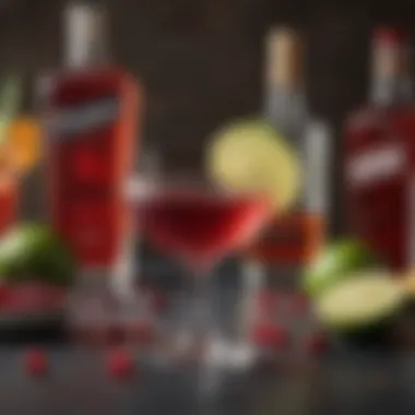 An array of key ingredients for the Cosmopolitan, including Cointreau, lime juice, and cranberry juice, artfully arranged.