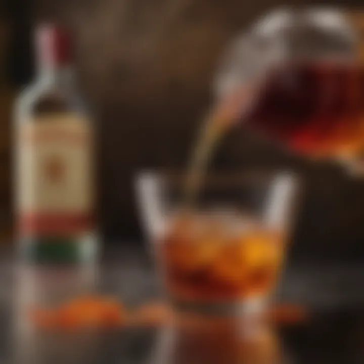 A close-up of the pouring technique, capturing the rich hues of Cointreau blending with other ingredients.