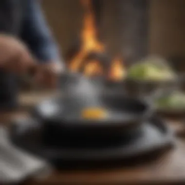 A cast iron skillet being cleaned with a cloth, showcasing maintenance techniques