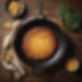 A beautifully seasoned cast iron skillet with a golden crust on a dish