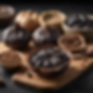 An assortment of black garlic products including paste, powder, and whole cloves.