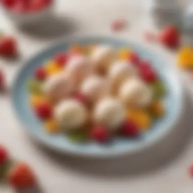 An artistic presentation of ice cream mochi balls arranged elegantly on a plate, garnished with fresh fruits.