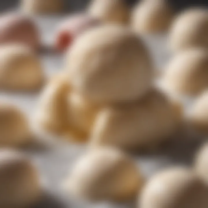 A detailed view of the texture of mochi dough wrapped around smooth ice cream, highlighting the contrast.