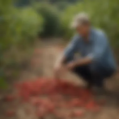 A farmer harvesting red chili peppers, essential for making gochujang.