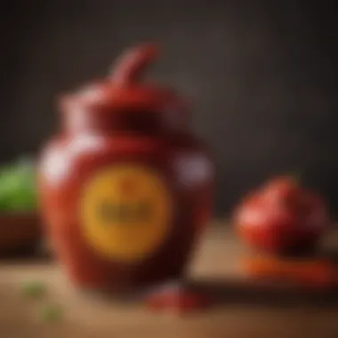 A close-up view of a traditional gochujang jar showcasing its vibrant red color.