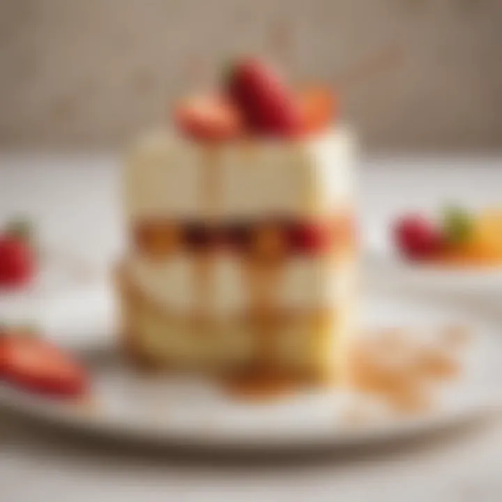 A close-up of a decadent slice of Tres Leches Cake drizzled with caramel and adorned with fruit.