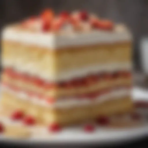 A beautifully layered Tres Leches Cake showcasing its rich texture and creamy toppings.