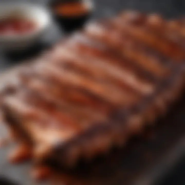 An artisan barbecue sauce drizzling over cooked ribs