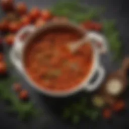 A rich bowl of simmering tomato meat sauce accented by fresh herbs