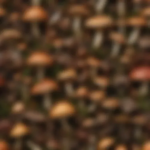 A diverse collection of wild mushrooms showcasing various colors and shapes.
