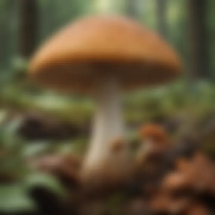Close-up of an edible wild mushroom in its natural habitat.