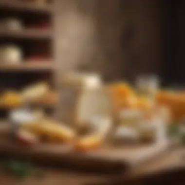 Artisan cheeses displayed on a rustic wooden board.