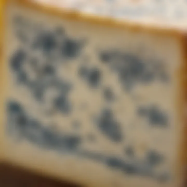 A close-up view of blue cheese with its distinctive veins.