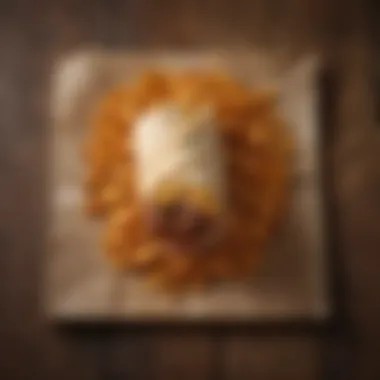 Artistic Presentation of the Frito Wrap An artistic representation of the Frito Wrap against a rustic wooden backdrop, emphasizing its appeal.