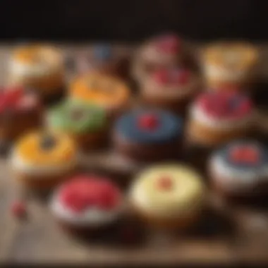 A colorful assortment of healthy cakes presented on a rustic wooden table.