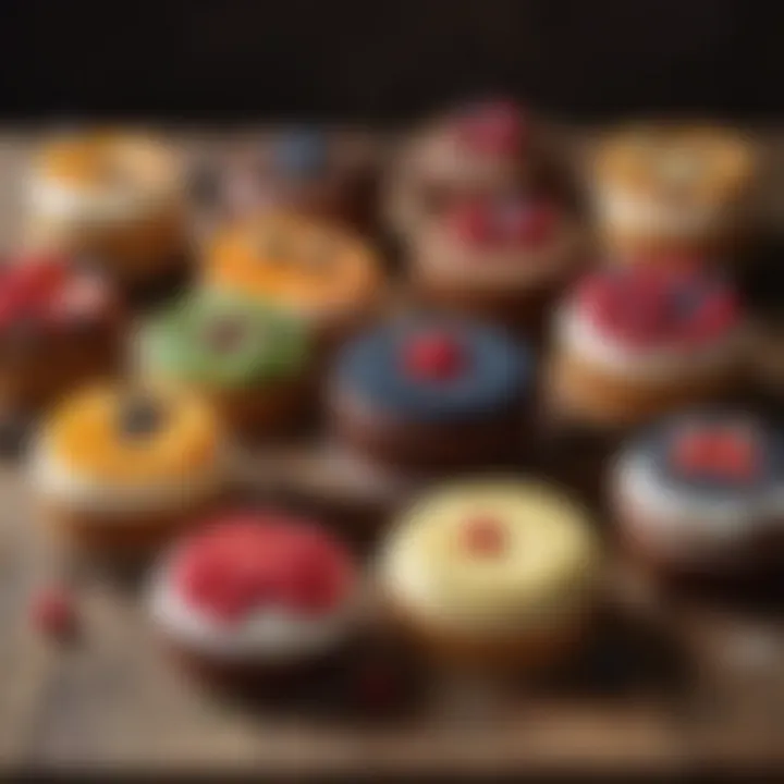 A colorful assortment of healthy cakes presented on a rustic wooden table.