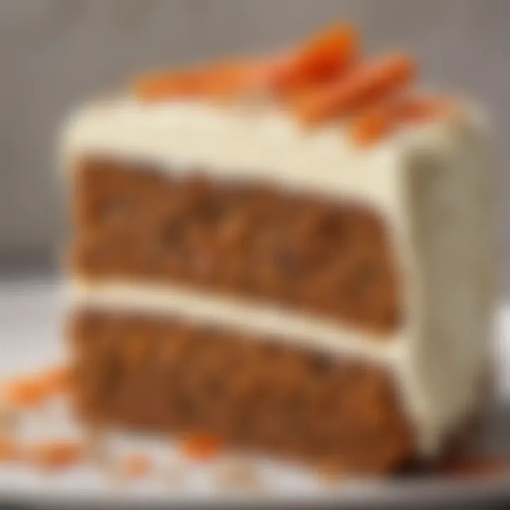 A close-up of a moist carrot cake topped with a light cream cheese frosting.