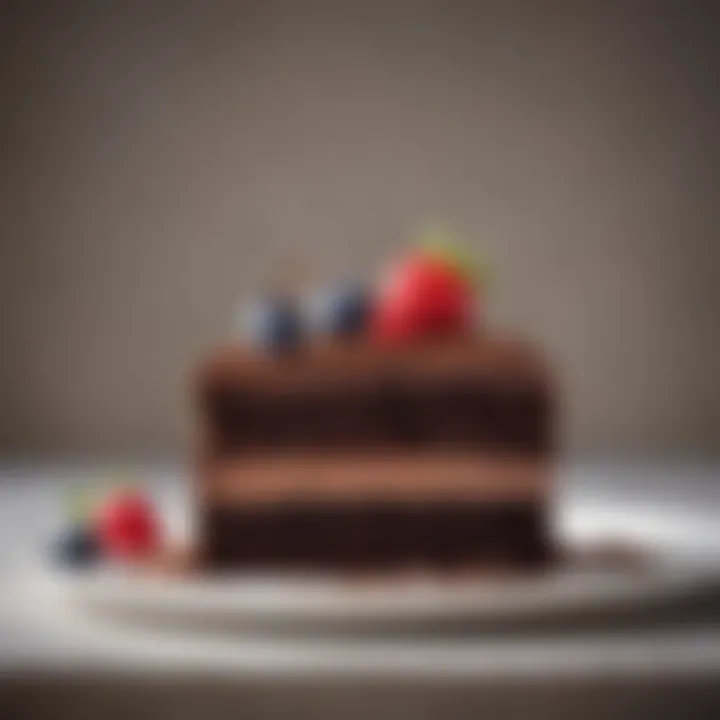 An elegant slice of a gluten-free chocolate cake garnished with fresh berries.