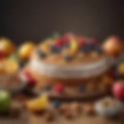 A vibrant display of assorted healthy cake ingredients including fruits, nuts, and whole grains.