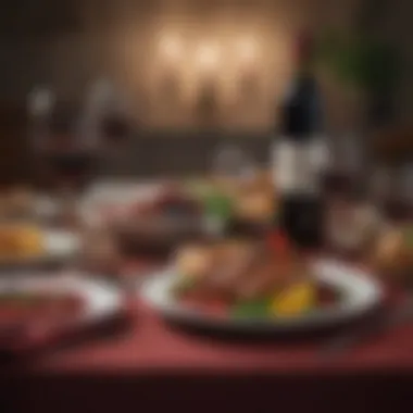 Culinary Pairings with Red Wine An elegant dining table set with red wine and gourmet dishes, highlighting culinary pairings