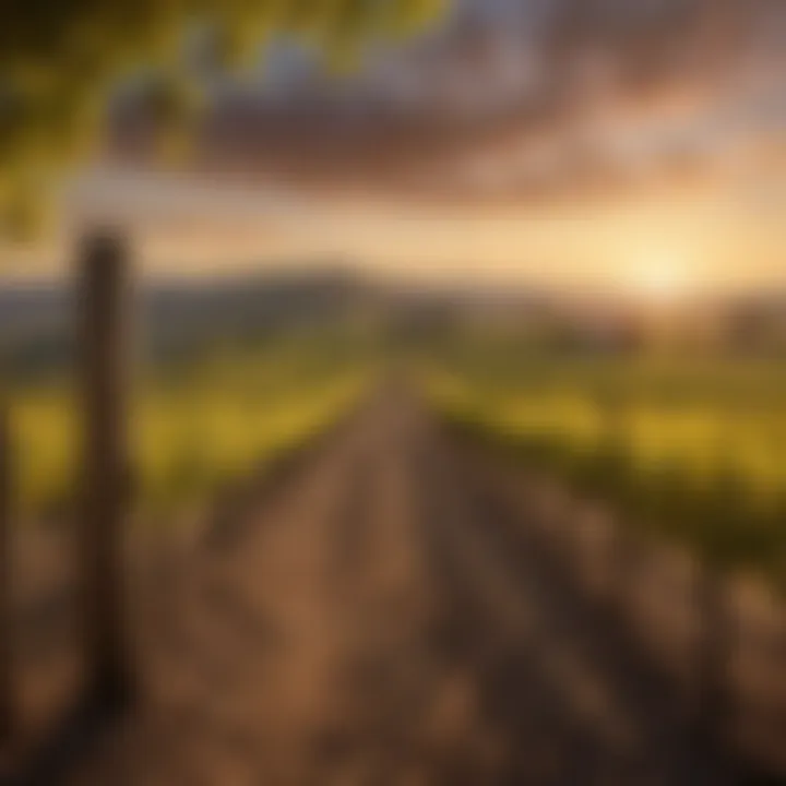 A vineyard landscape under a sunset, symbolizing the heritage of wine production