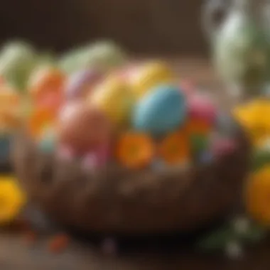 Close-up of a colorful vegan Easter egg centerpiece made from natural ingredients.