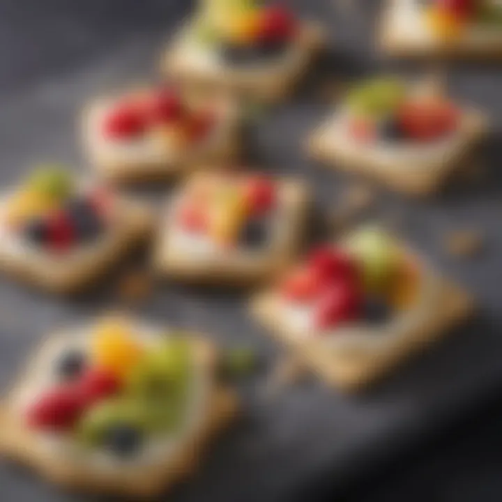 Close-up shot of a creative variation of cream cheese crackers topped with fresh fruits