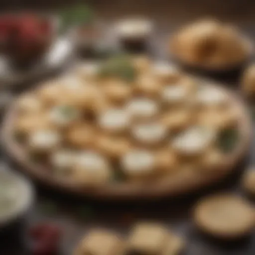 A beautifully arranged platter of assorted cream cheese crackers with herbs and spices