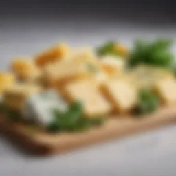 A vivid display of assorted cheese slices arranged artistically with fresh herbs