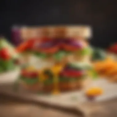 Gourmet Sandwich with Cheese Slices and Vegetables A gourmet sandwich layered with vibrant cheese slices and colorful vegetables