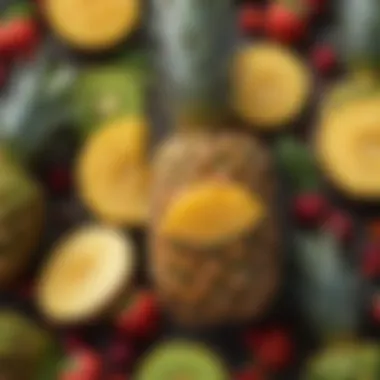 Close-up of a pineapple surrounded by a variety of fruits for smoothie making