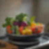 Elegant pot with a steamer rack showcasing vibrant vegetables