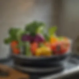 Elegant pot with a steamer rack showcasing vibrant vegetables