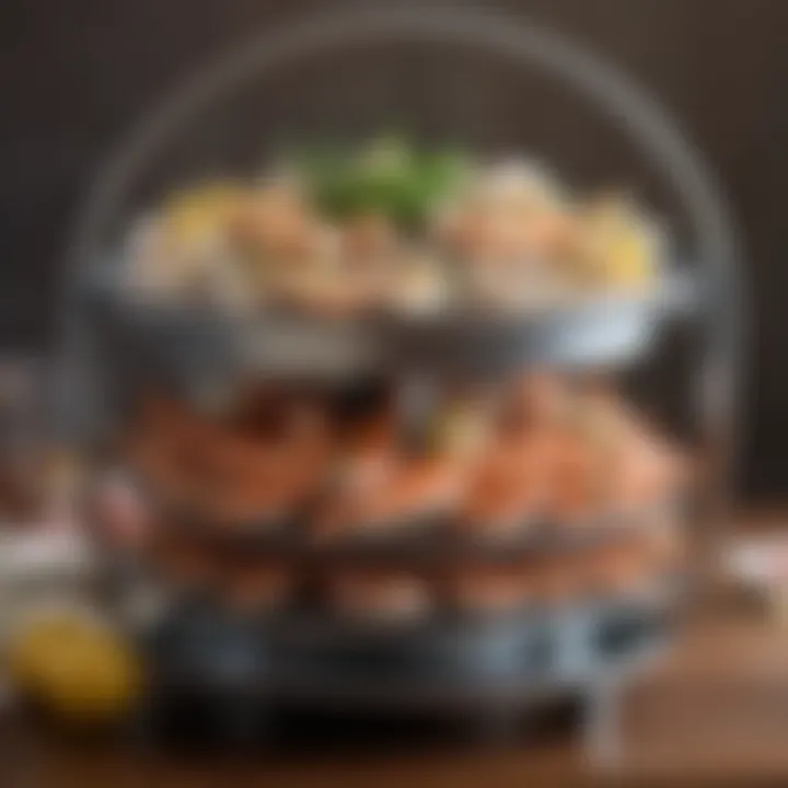 Steamer rack filled with seafood perfectly arranged