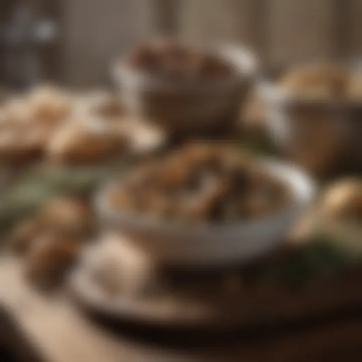 A rustic kitchen setting with dried mushrooms and herbs