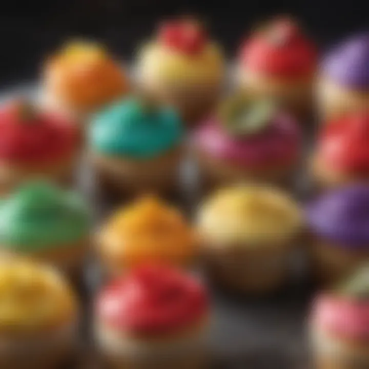 A vibrant display of fruit-flavoured cupcakes with colorful frosting