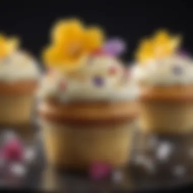 An elegant vanilla cupcake adorned with edible flowers