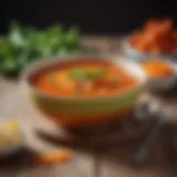 A vibrant bowl of pureed vegetable soup showcasing rich colors and textures.