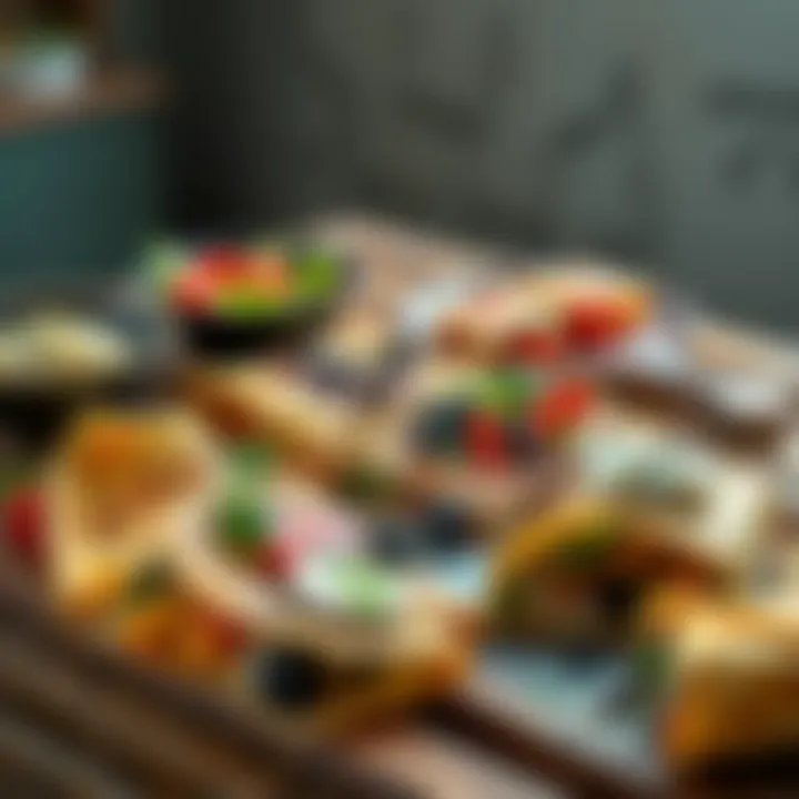 An assortment of vegan crepes showcasing various fillings and toppings on a rustic table.