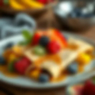 A plate of beautifully arranged vegan crepes filled with colorful fruits and drizzled with syrup.
