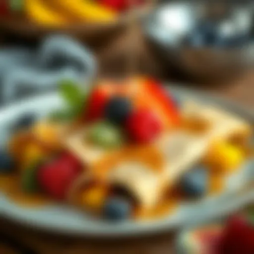 A plate of beautifully arranged vegan crepes filled with colorful fruits and drizzled with syrup.