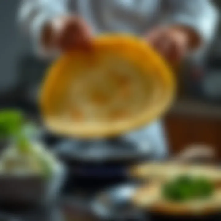A chef skillfully flipping a vegan crepe on a stovetop, highlighting the art of crepe making.