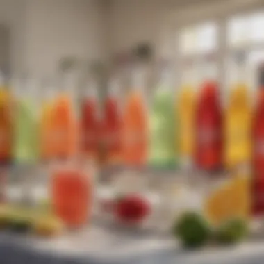 A vibrant table setting featuring various virgin sparkling drinks in artistic containers