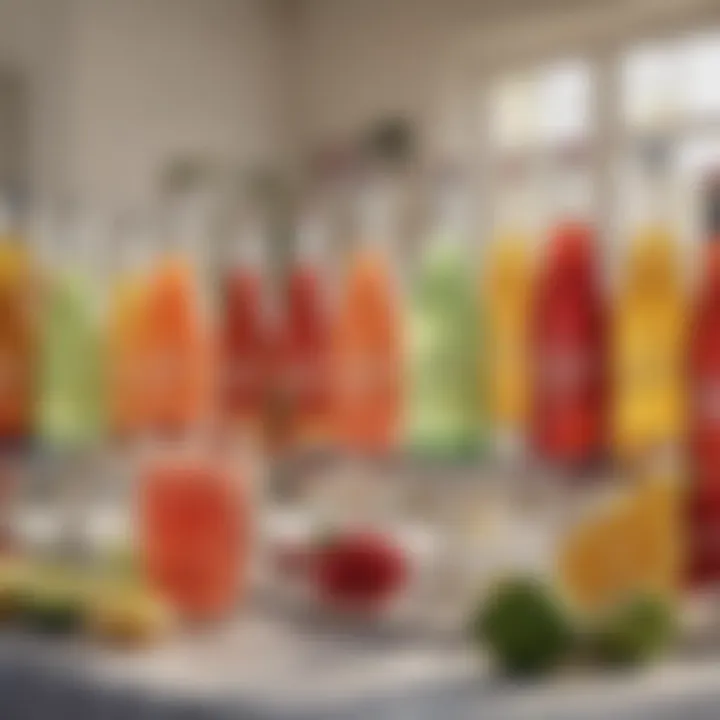 A vibrant table setting featuring various virgin sparkling drinks in artistic containers