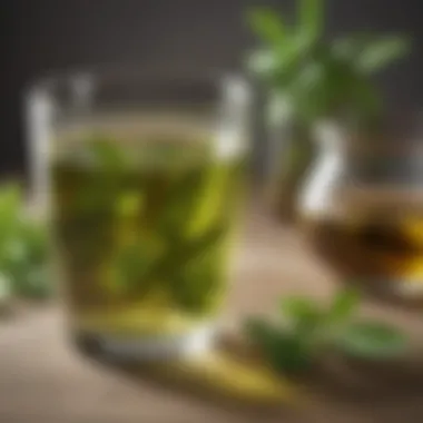 Green Tea Benefits An elegant glass of green tea with fresh leaves