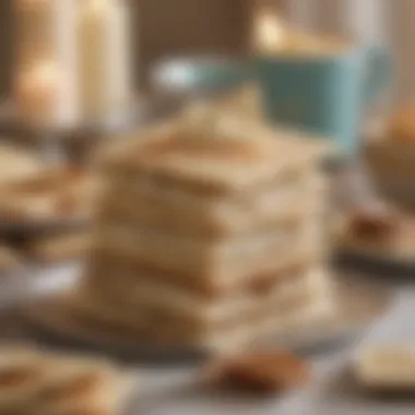 Festive Setting with White Chocolate Covered Matzo A festive setting with white chocolate covered matzo, highlighting its role in celebrations and gatherings.