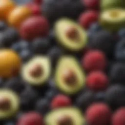 A vibrant assortment of zinc-rich fruits including avocados and blackberries