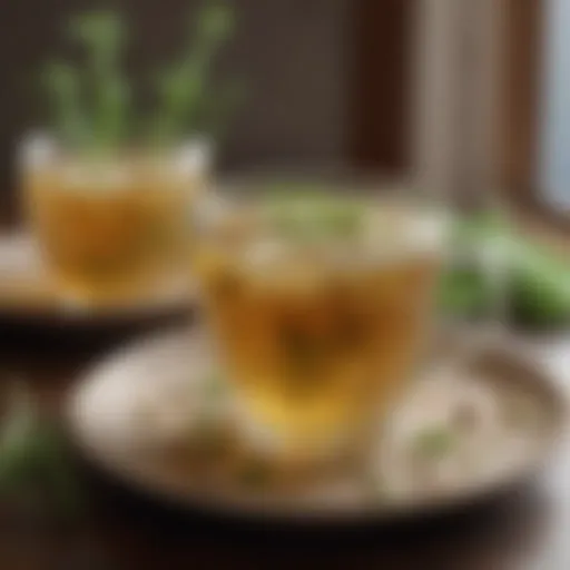 A vibrant cup of fennel and ginger tea with fresh ingredients adorning the side.