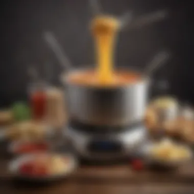 A modern fondue machine set up with an array of dipping ingredients.