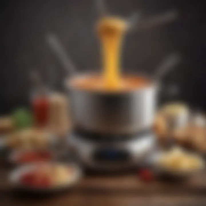 A modern fondue machine set up with an array of dipping ingredients.